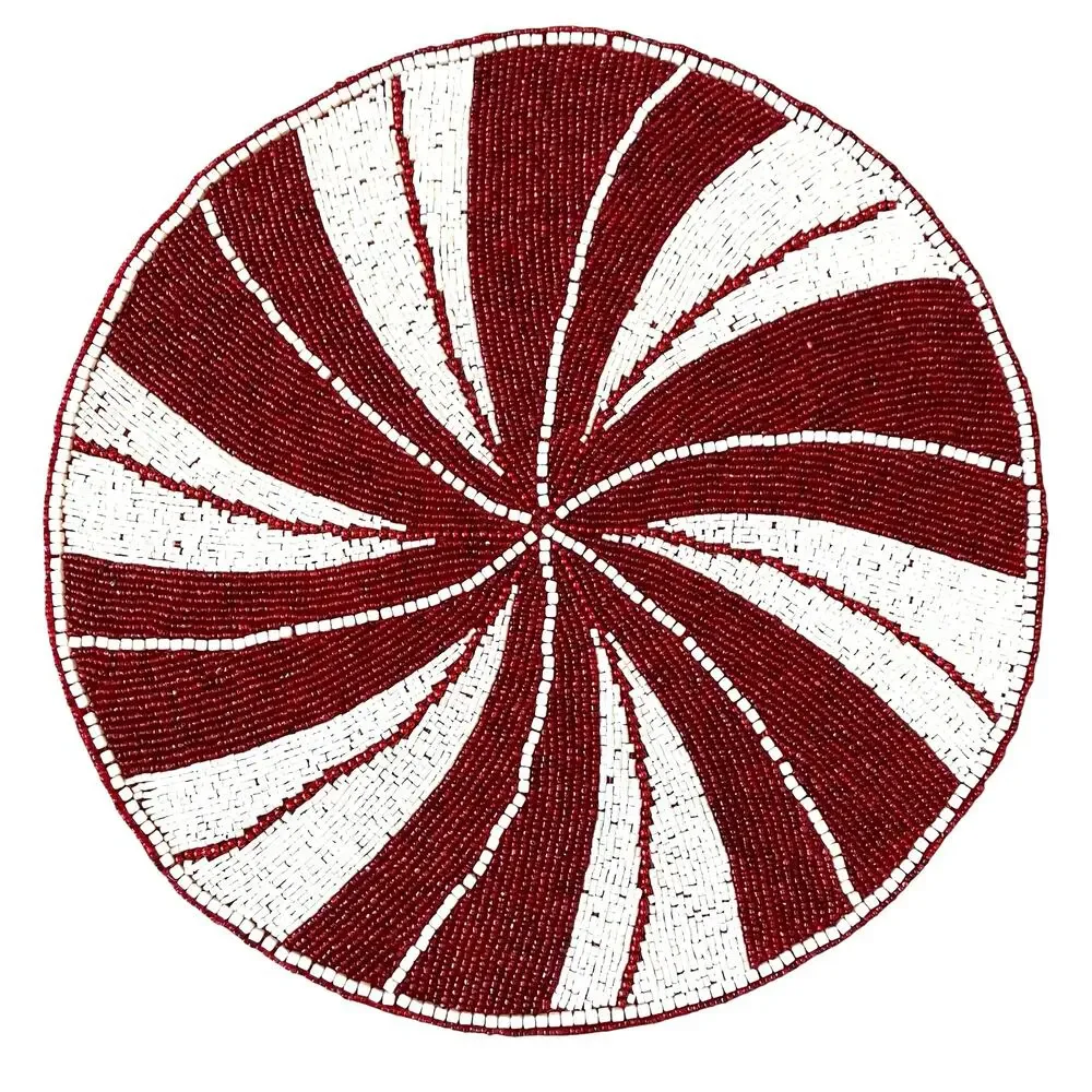 Nicole Miller Peppermint Beaded Christmas Placemat 15in Holiday Red White Swirl